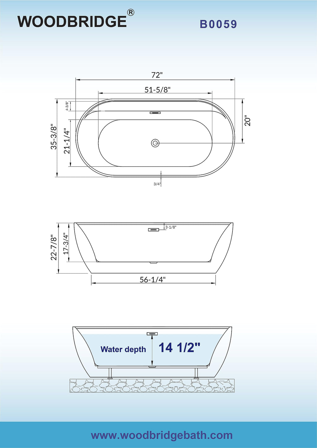 WOODBRIDGE 72" Acrylic Freestanding Bathtub Contemporary Soaking White Tub with Brushed Nickel Overflow and Drain,B0059BN