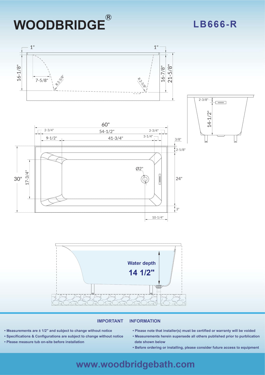 WOODBRIDGE 60" Acrylic Rectangular Alcove Soaking Bathtub in White with Left Drain, Brushed Nickel pop-up Drain Included, LB428-L