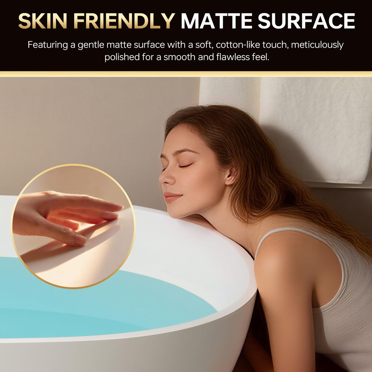 WOODBRIDGE 61" Stone Resin Freestanding Soaking Tub, Modern Oval Solid Surface Bathtub with Integrated Slotted Overflow & Drain, Matte White