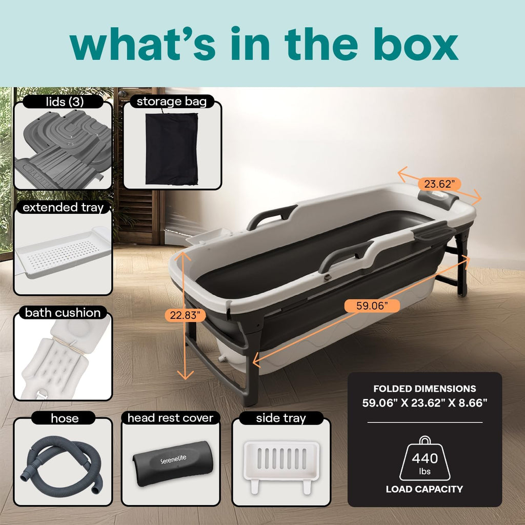 Serenelife 59" Portable Bathtub for Adults â Large Foldable Ice Bath Tub for Cold Plunge & Hot Spa, Freestanding Soaking Tub for Indoor/Outdoor, Athlete Recovery & Family Use, 440lbs Capacity