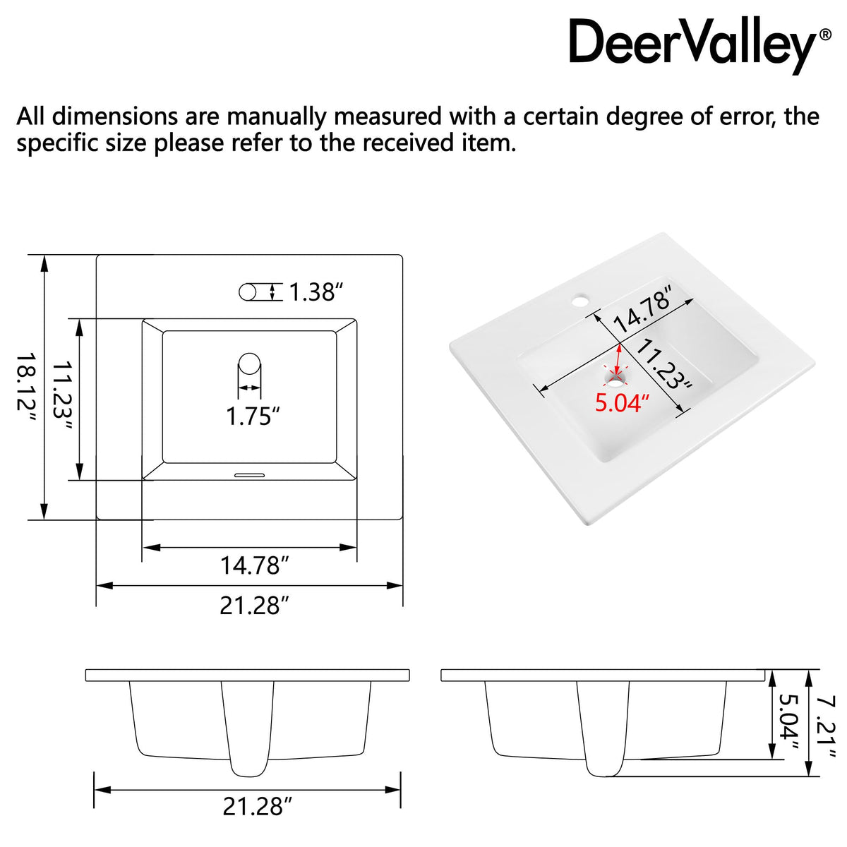 DeerValley Drop In Bathroom Sink White 21"x18" Rectangle Sleek 3-Hole Basin