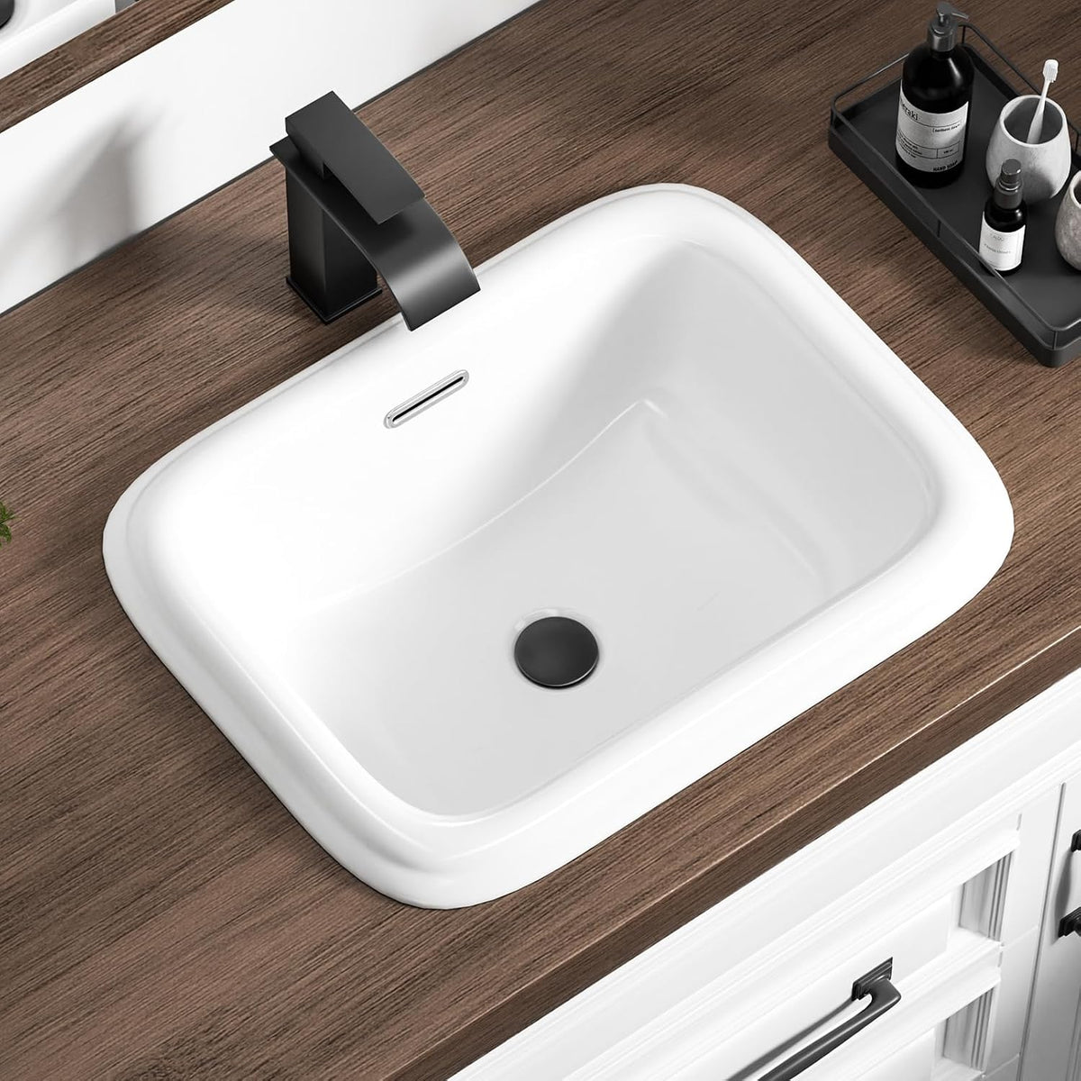 19 Inch Drop In Bathroom Vessel Sink with Overflow Rectangle White