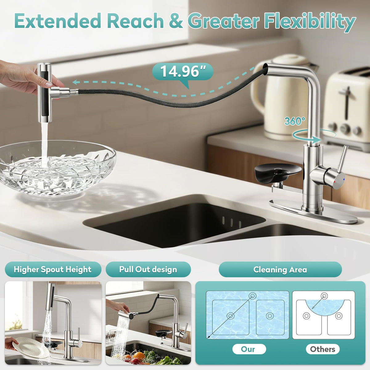 MIAOHUI Brushed Gold Kitchen Faucet with Glass Rinser, 4 Modes