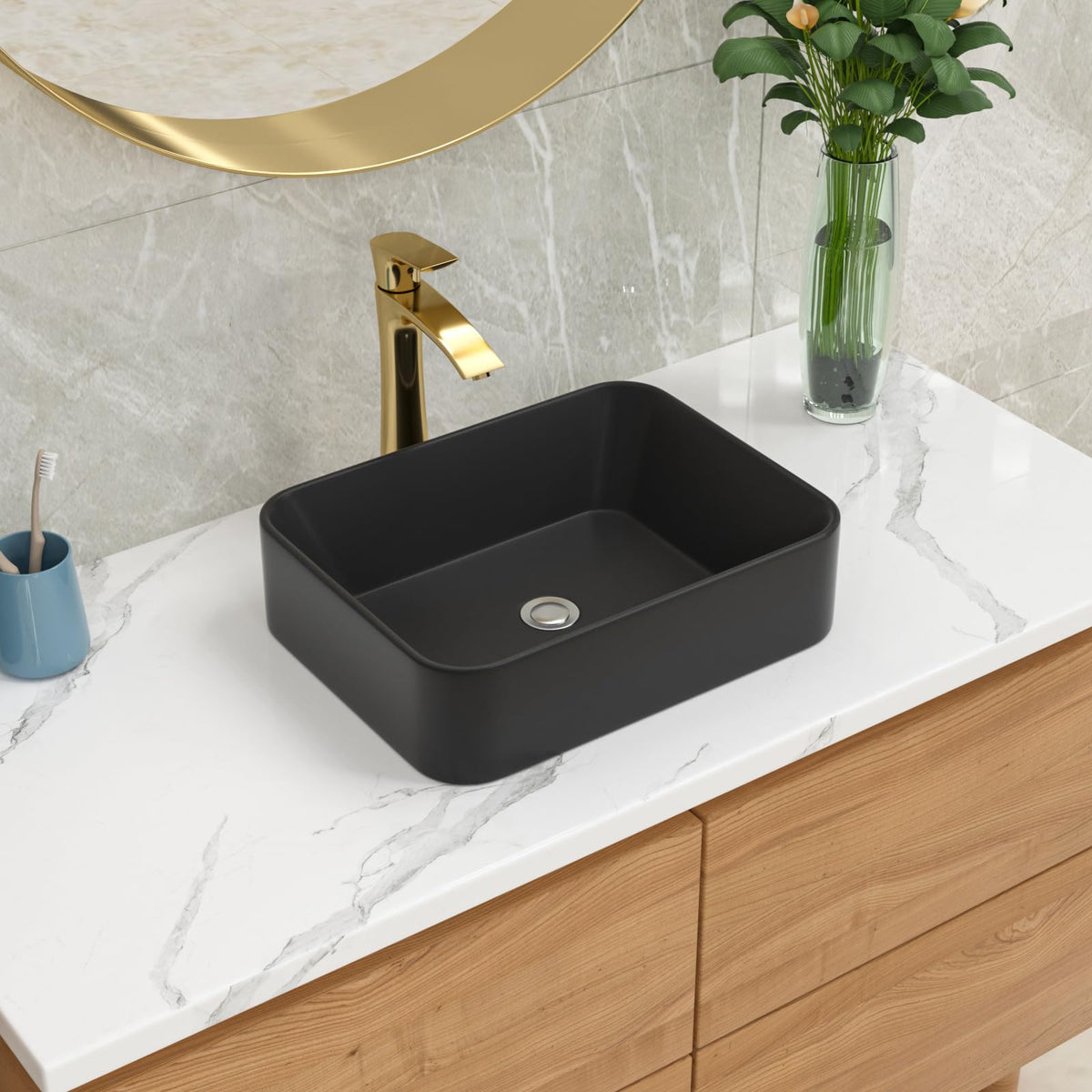 Bathroom Vessel Sink 19"x15" Rectangle Sink Above Counter White Porcelain Ceramic Modern Vanity Sink Art Basin with Faucet Hole