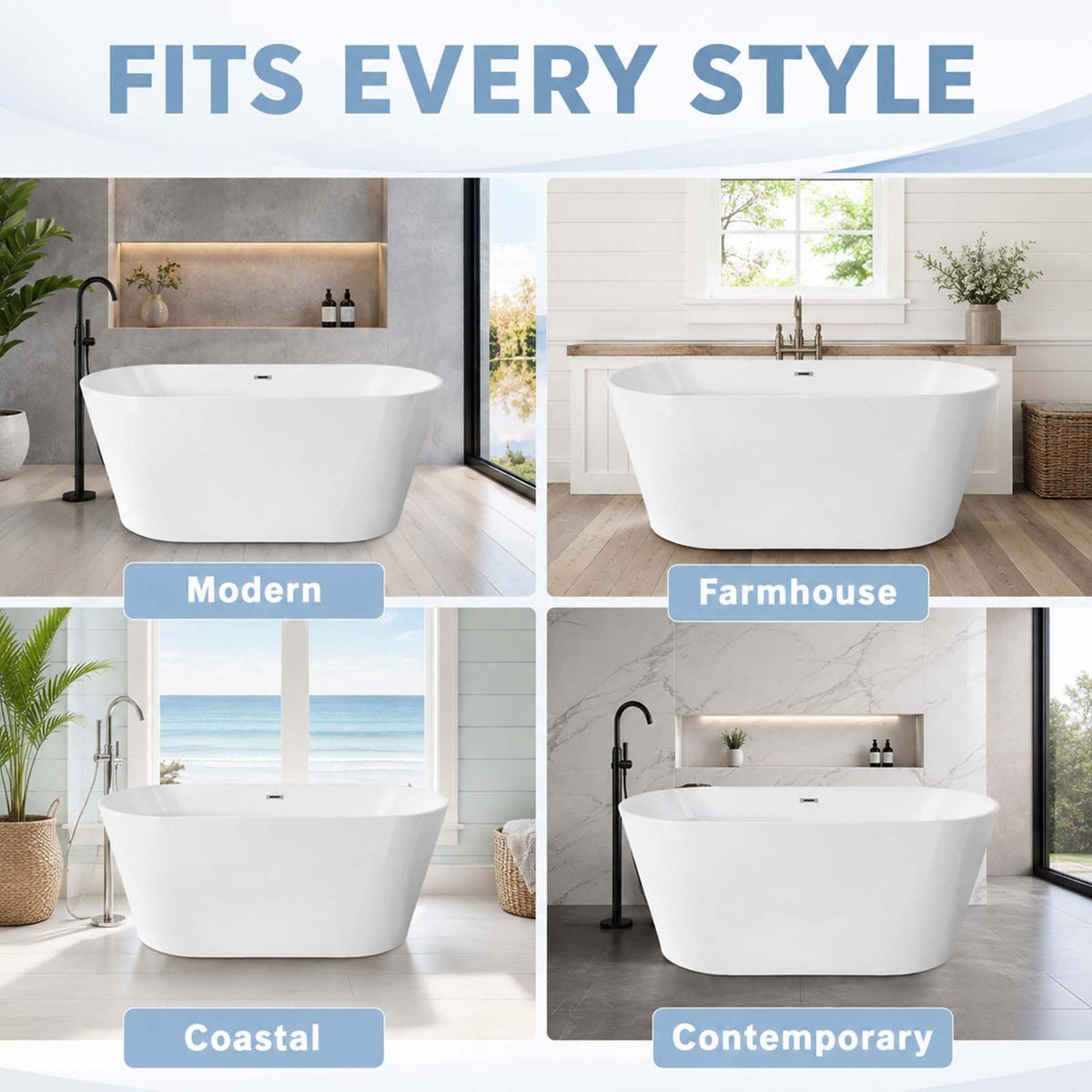 55" Oval Acrylic Free Standing Tub with 8-Layer Insulation (Gloss White)