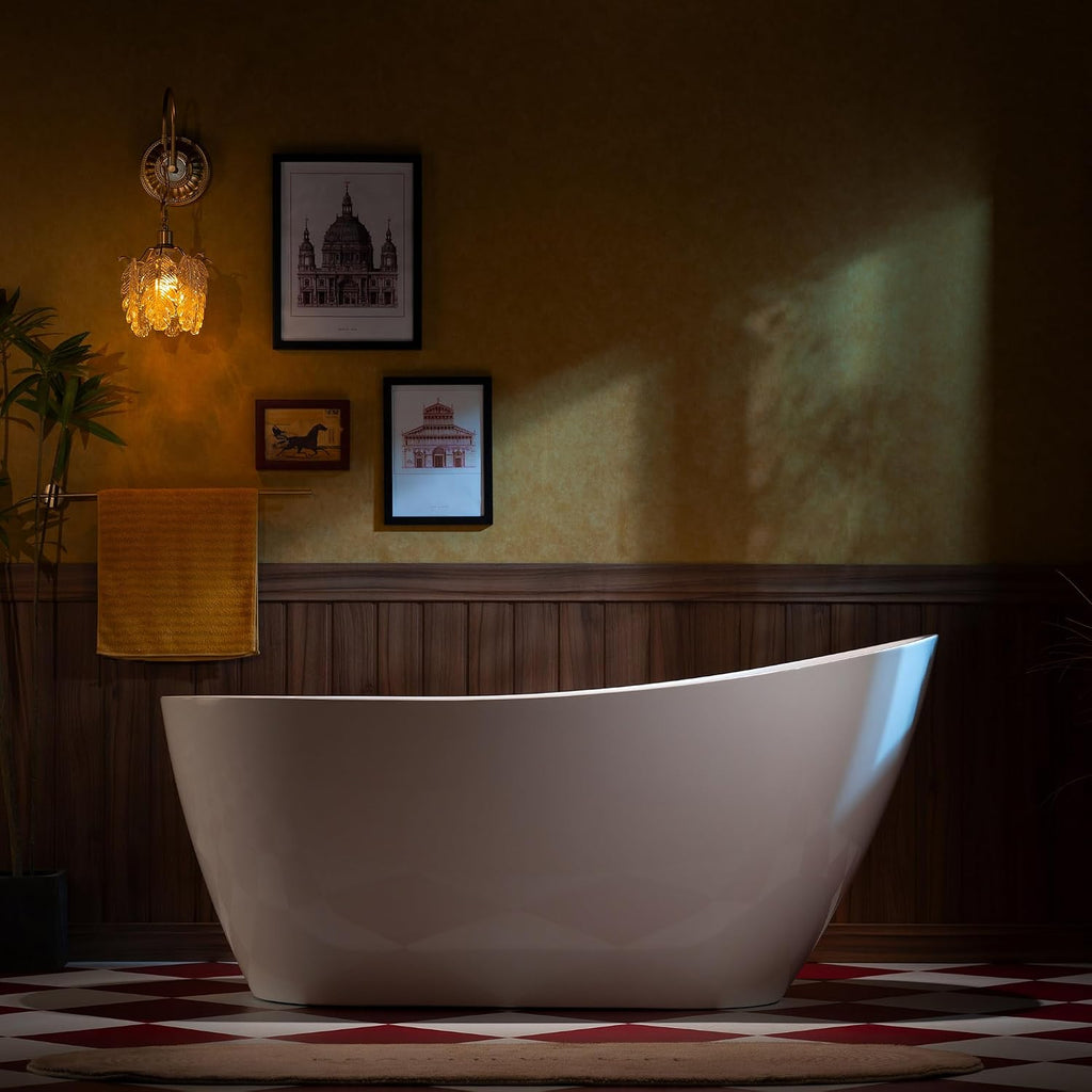 WOODBRIDGE 59" Acrylic Freestanding Bathtub Contemporary Soaking White Tub with Chrome Overflow and Drain,White