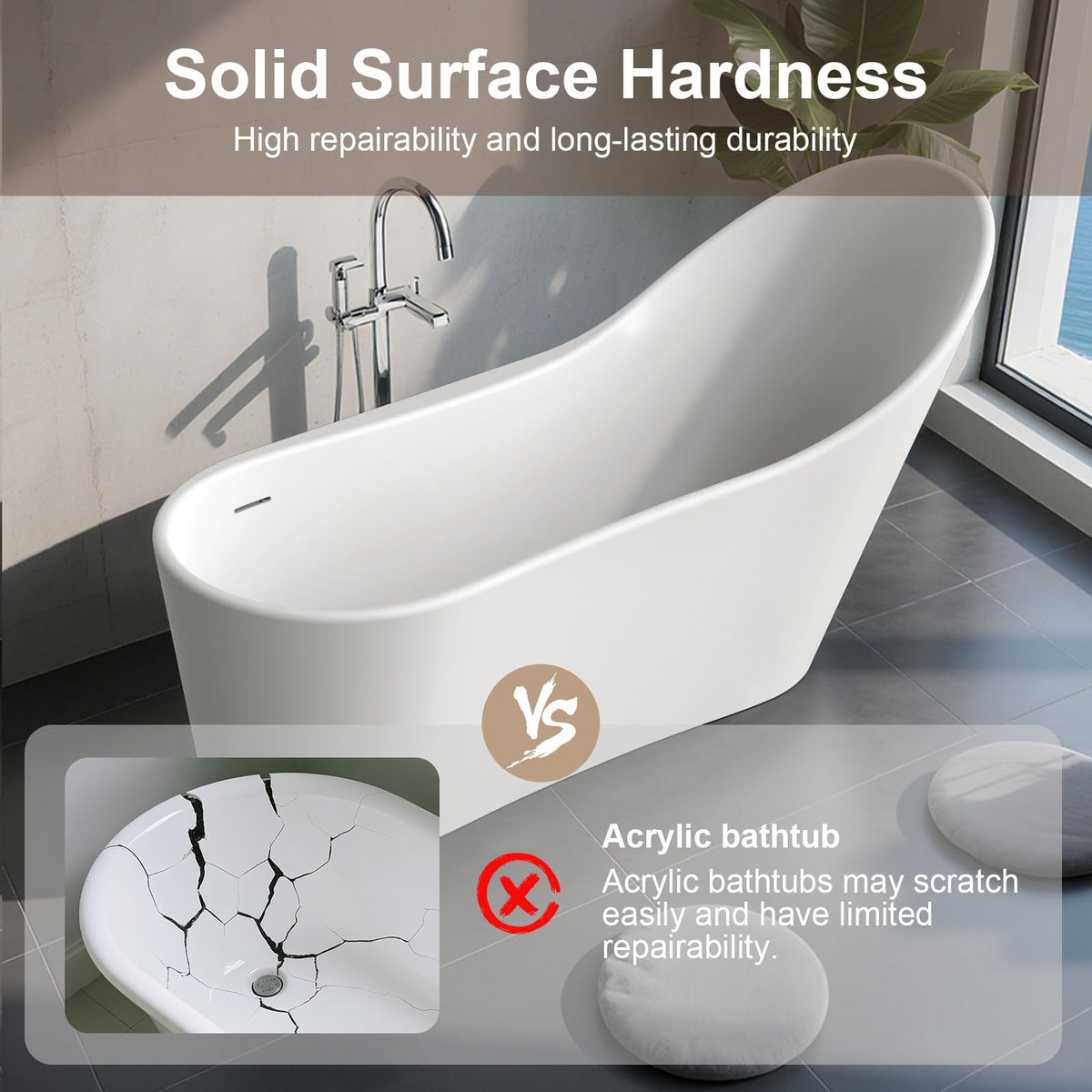61''Stone Resin Freestanding Bathtub,Solid Surface Soaking Tub with Deep Bath Design, Modern Oval Free Standing Tub with Integrated Drain & Hidden Overflow, Starry Gray