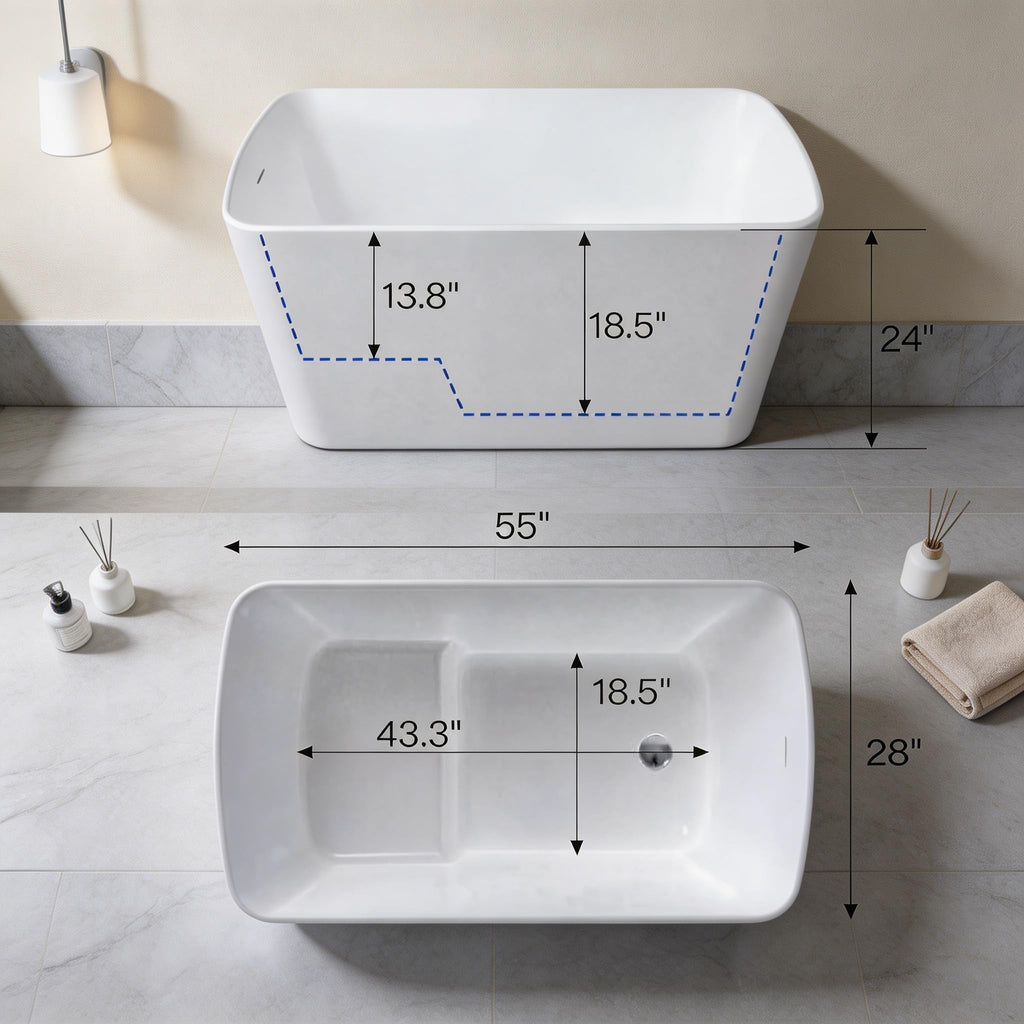 59" Acrylic Freestanding Bathtub, Contemporary Stand Alone Soaking Tub with Ergonomic Design, Integrated Overflow and Chrome Drain, cUPC Certified Free Standing Tub for Bathroom Renovation, Home Spa