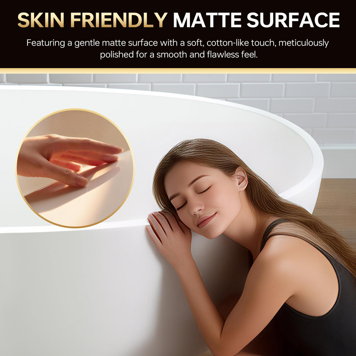 WOODBRIDGE 61" Stone Resin Freestanding Soaking Tub, Modern Oval Solid Surface Bathtub with Integrated Slotted Overflow & Drain, Matte White