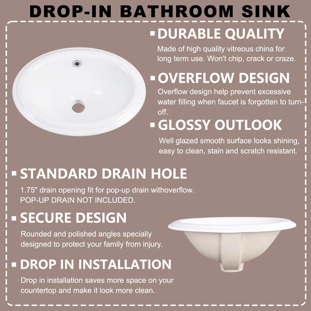 19 Inch Drop In Bathroom Vessel Sink with Overflow Rectangle White