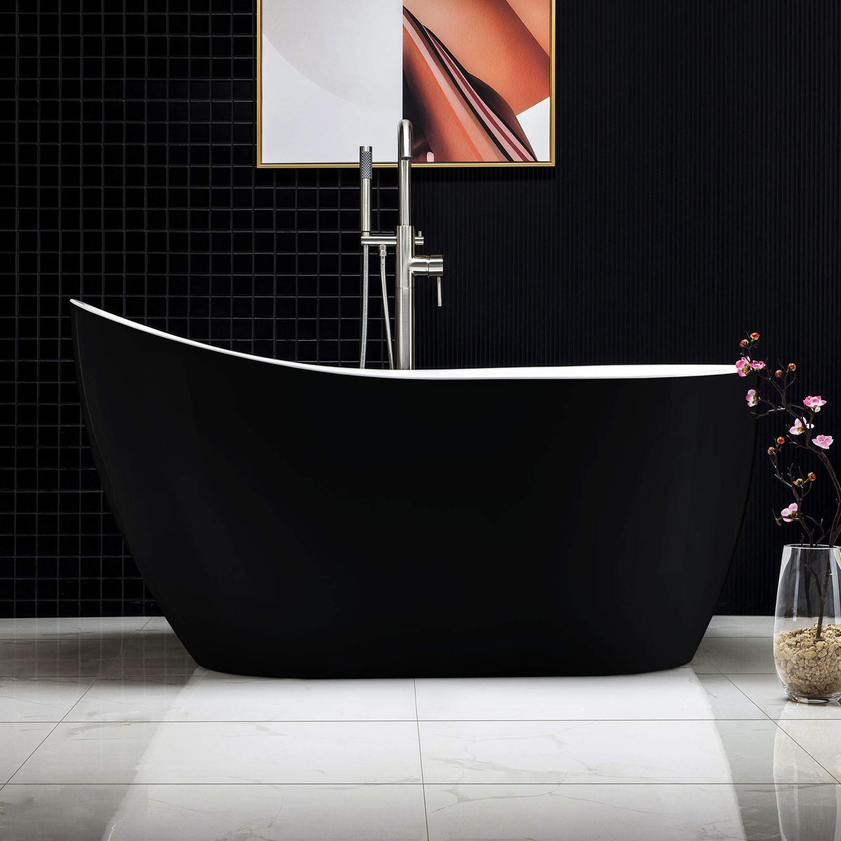WOODBRIDGE Acrylic Freestanding Contemporary Soaking Tub with Brushed Nickel Overflow and Drain, B-0006 / BTA1507, 54" Bathtub White