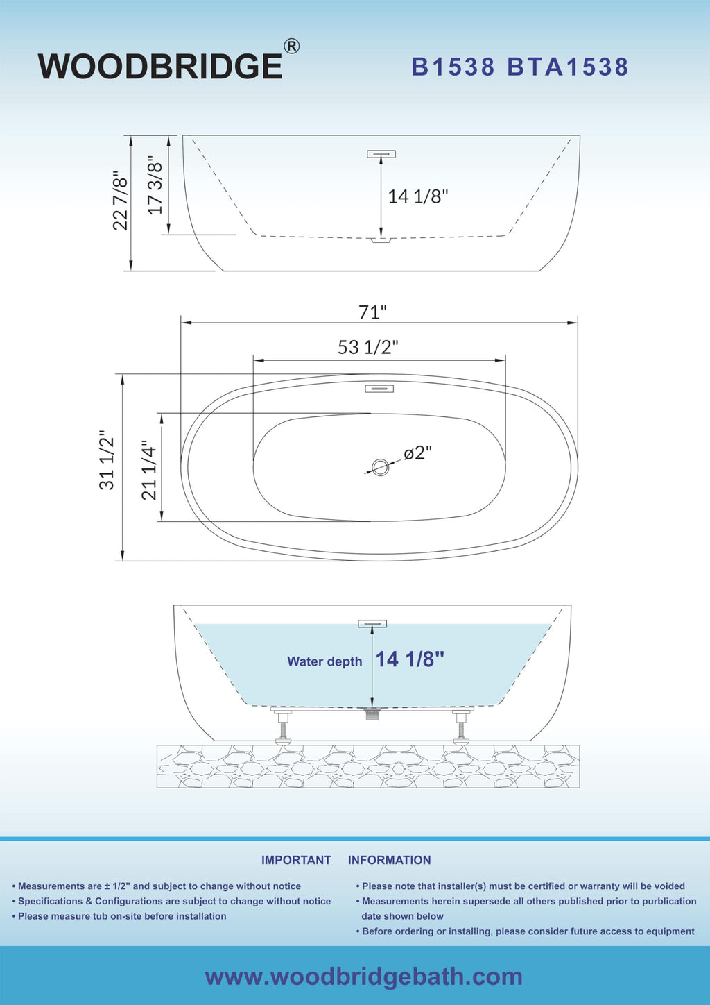 WOODBRIDGE 59"Freestanding White Acylic Soaking Bathtub with Brushed Nickel Drain and Overflow,BTA1518 -B/N-Drain &O