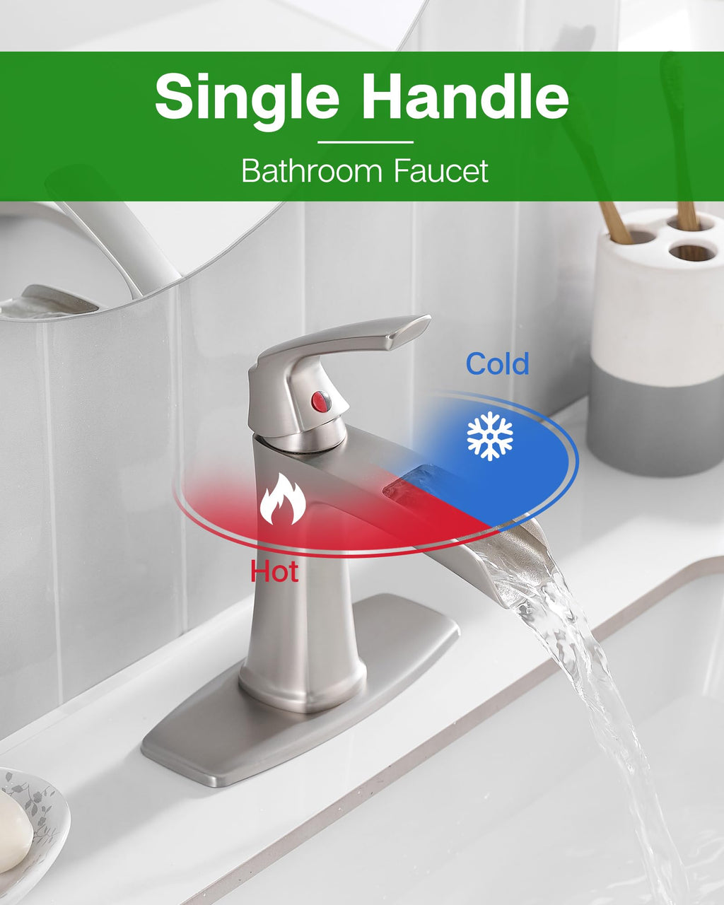 Fapully Brushed Nickel Bathroom Faucet 3 Hole, Waterfall 8 Inch Widespread Bathroom Sink Faucet with Pop-up Drain, Two-Handle Faucet for Bathroom Sink