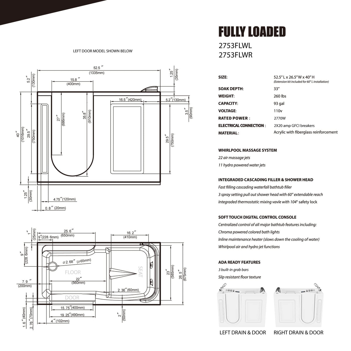 ANZZI Walk In Tub, 30 X 53 In, Left Drain, Air & Whirlpool Jets, 110v