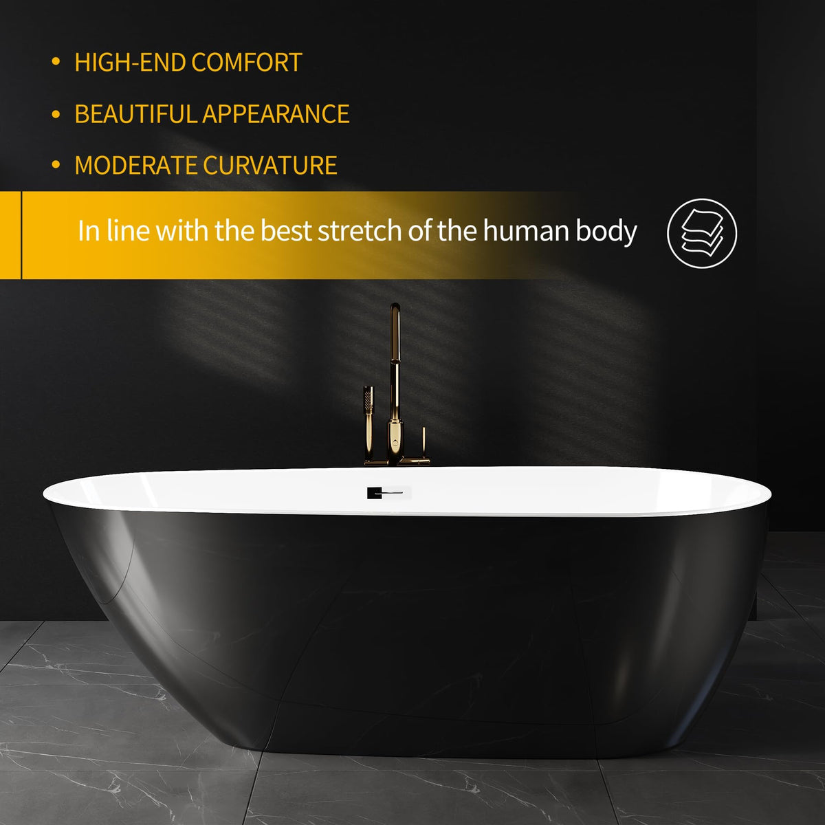 67'' Acrylic Freestanding Bathtub, Extra-Deep Soaking Free Standing Tub for Luxurious Bathing Experience, with Chrome Drain, for Main Bathroom, Black & White