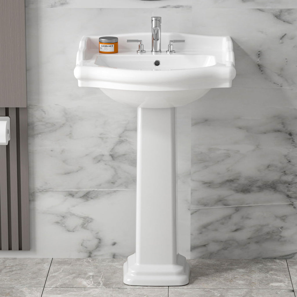 23"x19" Porcelain Retro Bathroom Pedestal Sink White 3 Hole