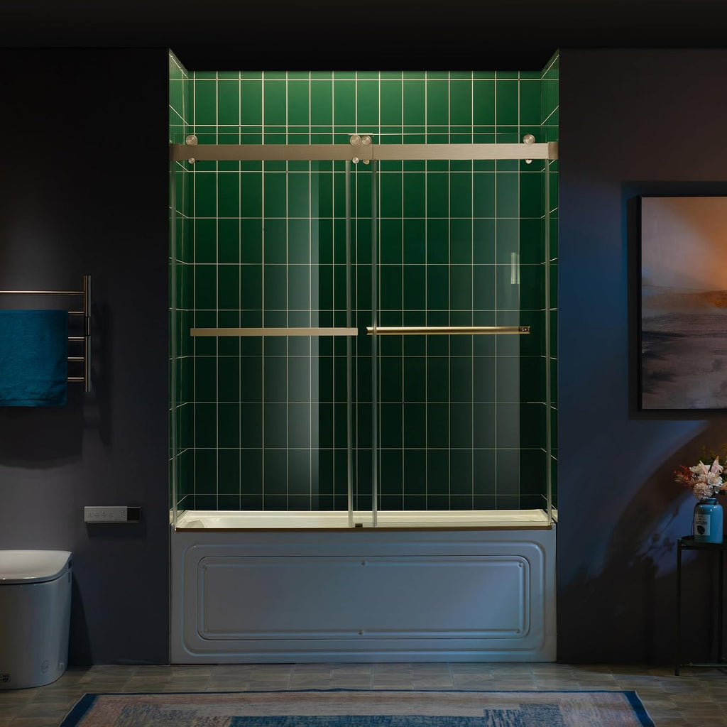 Woodbridge 56-60" W x 62" H Frameless Bathtub Shower Door,Double Sliding Soft-Close Doors,3/8(10mm) Tempered Glass with Explosion Proof Film in Brushed Bronze Finish