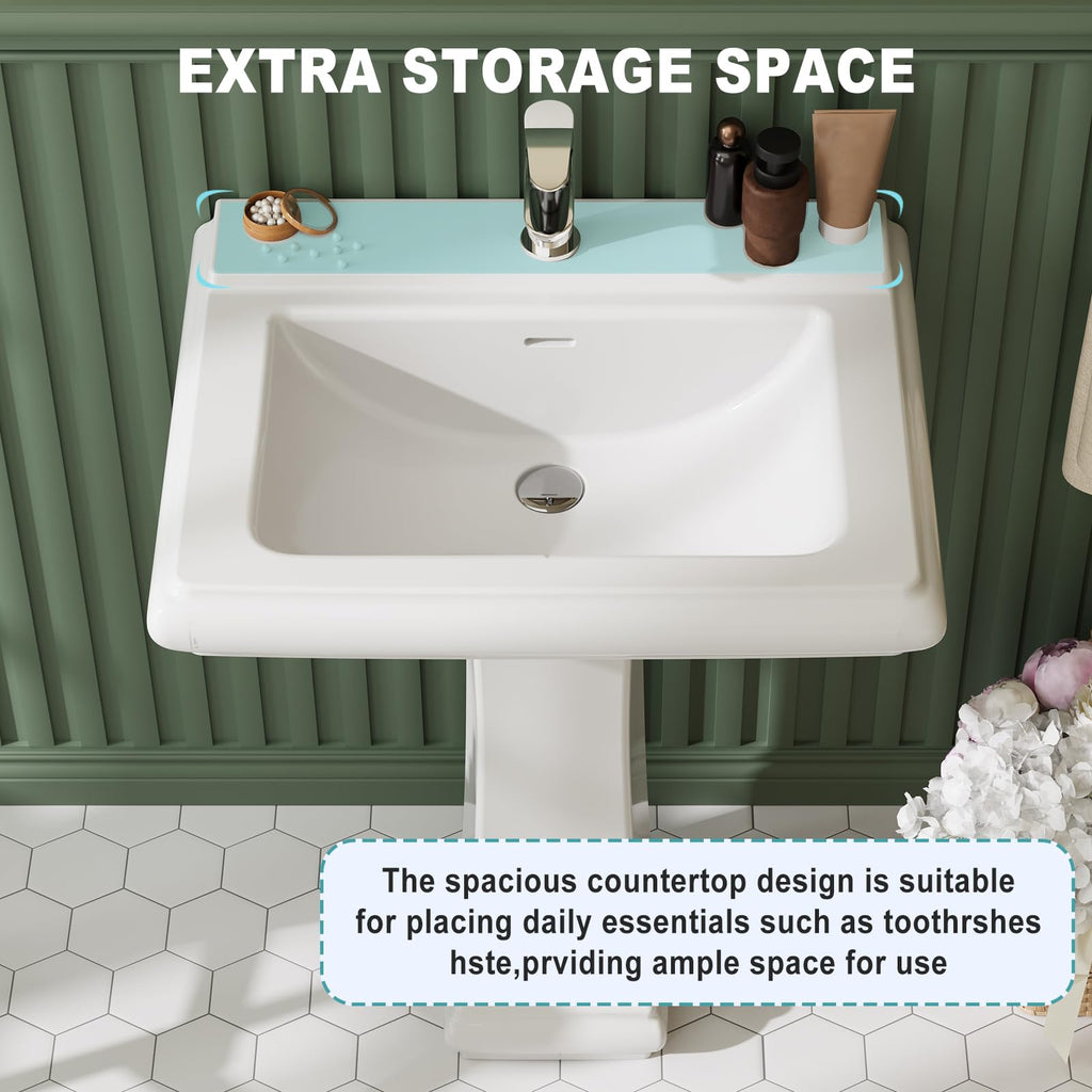 26" W X 20" D Bathroom Pedestal Sink, Rectangular White Ceramic Vanity Sink with Overflow and 3 Pre-Drilled Holes - Fits 8-Inch Faucets,Freestanding Restroom Sink Combo for Small Spaces