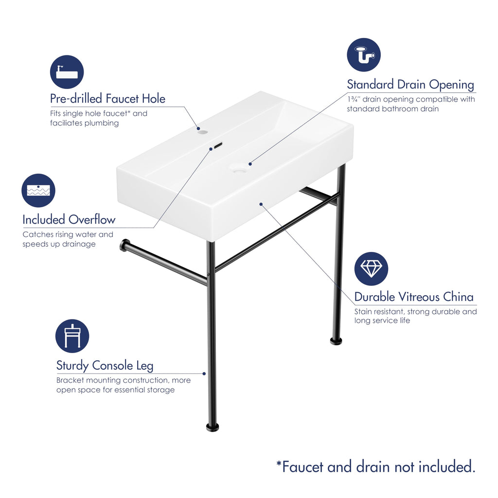 Eridanus 24"x16" Console Bathroom Sink, Free Standing 30 Inch Stainless Steel Support Pedestal Legs, Wall Mount White Vessel Ceramic Vanity Basin, Modern Rectangular Sinks Porcelain, Matte Black