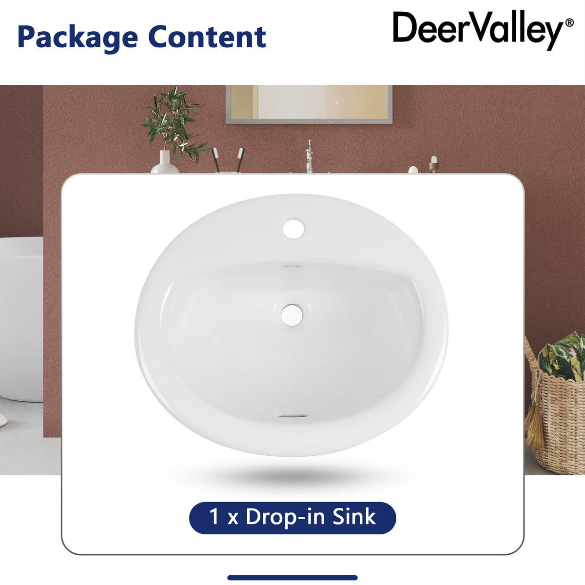 DeerValley Drop In Bathroom Sink White 21"x18" Rectangle Sleek 3-Hole Basin
