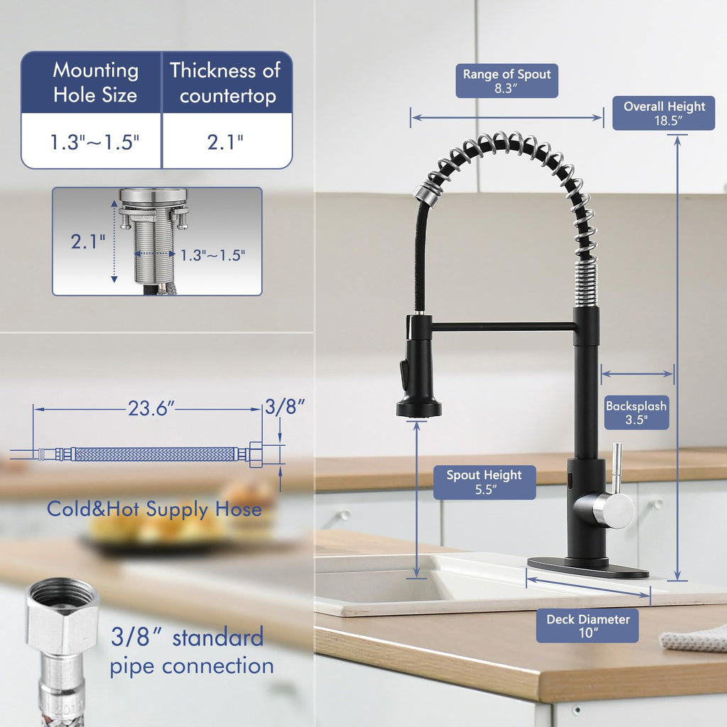 GIMILI Matte Black Touchless Kitchen Faucet with Spring Pull Down Sprayer