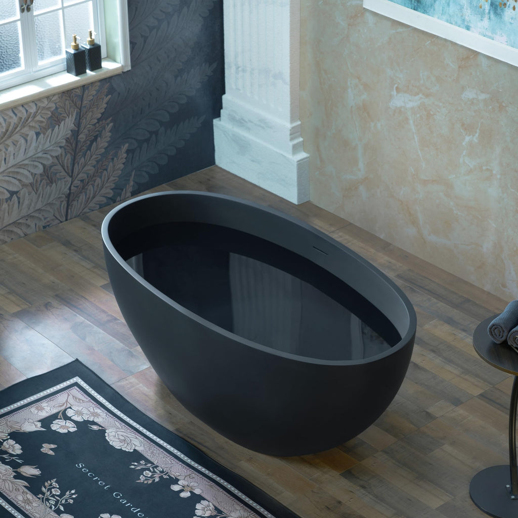 WOODBRIDGE 61" Stone Resin Freestanding Soaking Tub, Modern Oval Solid Surface Bathtub with Integrated Slotted Overflow & Drain, Matte White