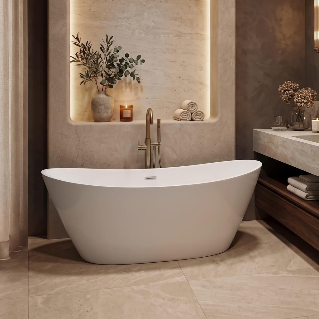 Empava 59 Inch Freestanding Bathtub, Acrylic Deep Soaking Tub, White