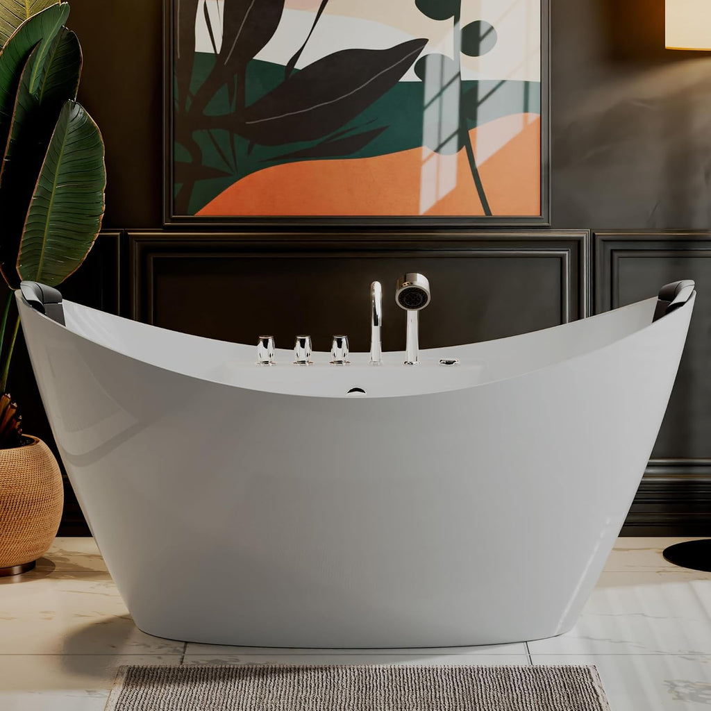 Empava 59" Freestanding Jetted Boat Shaped Whirlpool Bathtub, 8 Jets, ETL