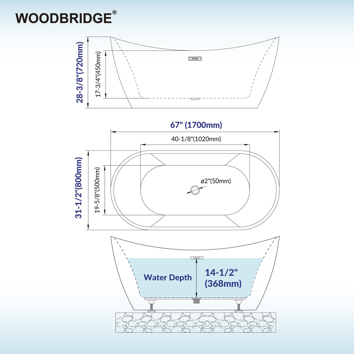 WOODBRIDGE 59" Acrylic Freestanding Bathtub Contemporary Soaking White Tub with Chrome Overflow and Drain