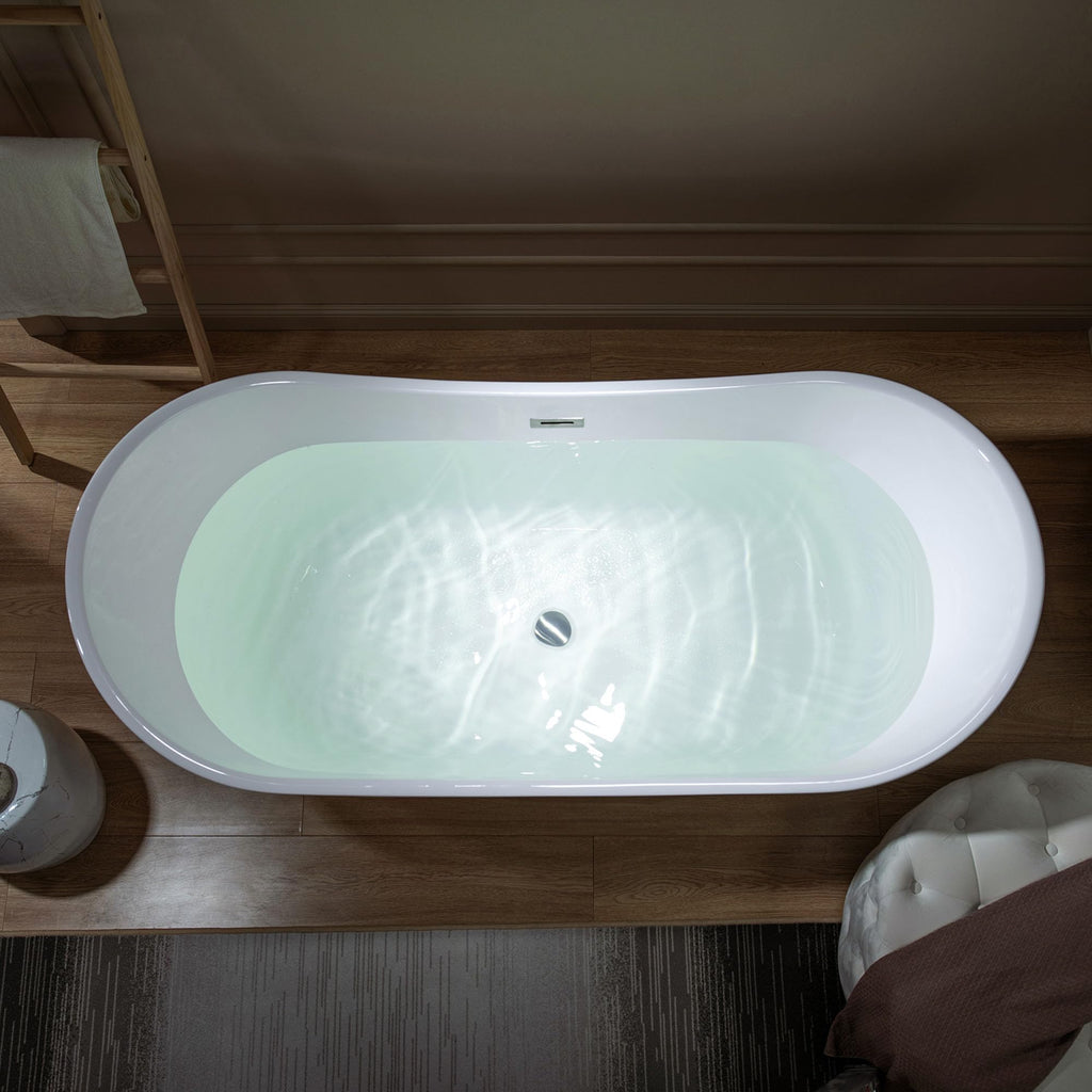WOODBRIDGE 59" Acrylic Freestanding Bathtub Contemporary Soaking White Tub with Chrome Overflow and Drain