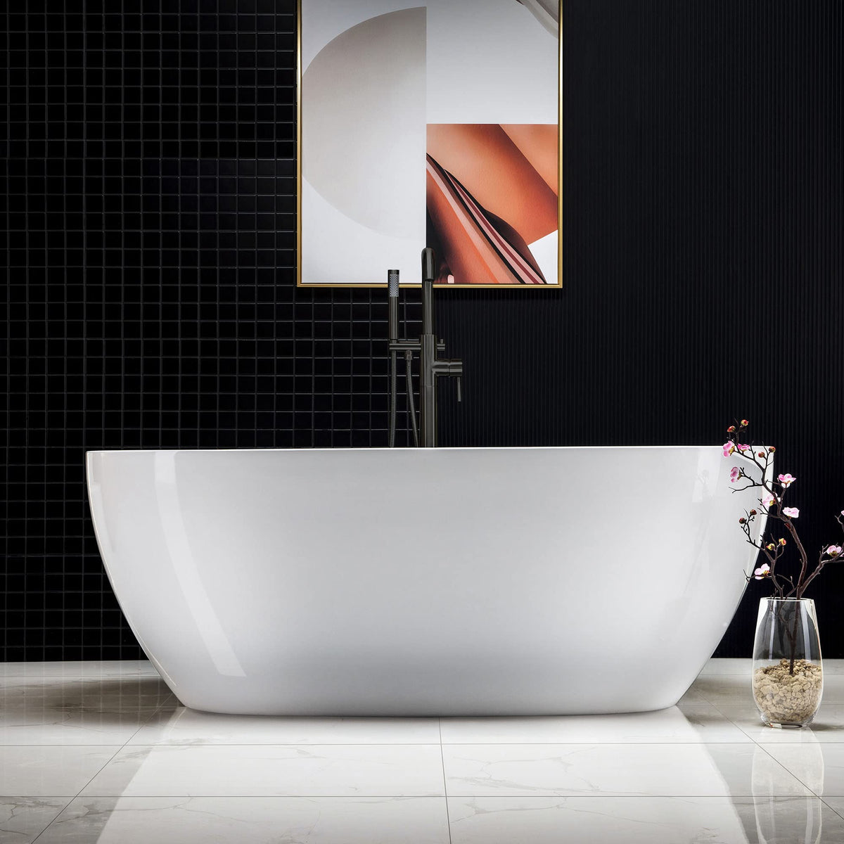 WOODBRIDGE 59"Freestanding White Acylic Soaking Bathtub with Brushed Nickel Drain and Overflow,BTA1518 -B/N-Drain &O