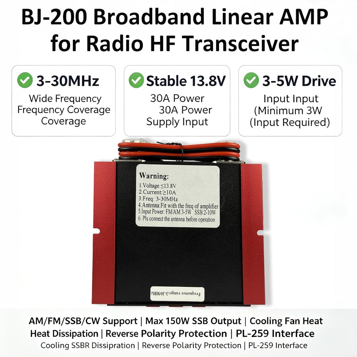 BJ-200 Linear Power AMP, 3-30MHz Radio AMP 50W FM 100W AM 150W SSB for 3-5W Input 2-Way Radio Transceiver, 13.8V