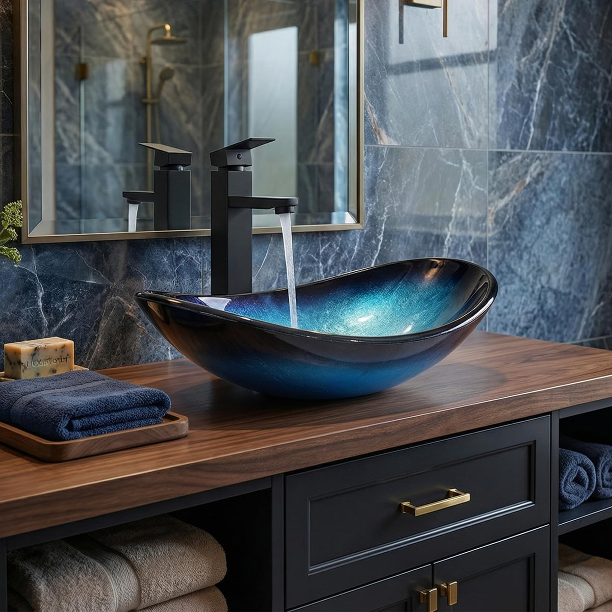 Bathroom Boat Shape Artistic Glass Vessel Sink, Gold