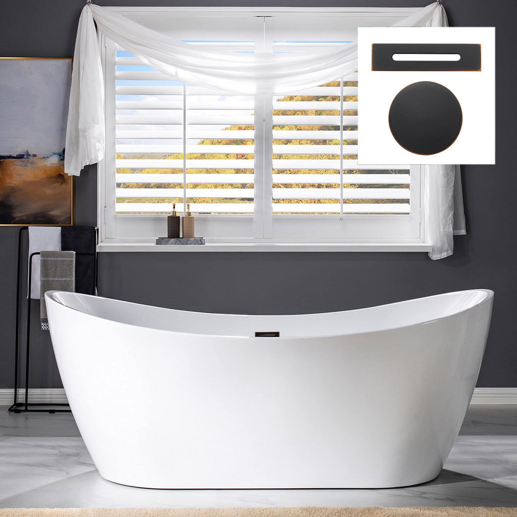 WOODBRIDGE 71" Acrylic Freestanding Bathtub Contemporary Soaking Tub , White Acrylic ( Matte Black Drain/Overflow),B0017 MB Drain &O