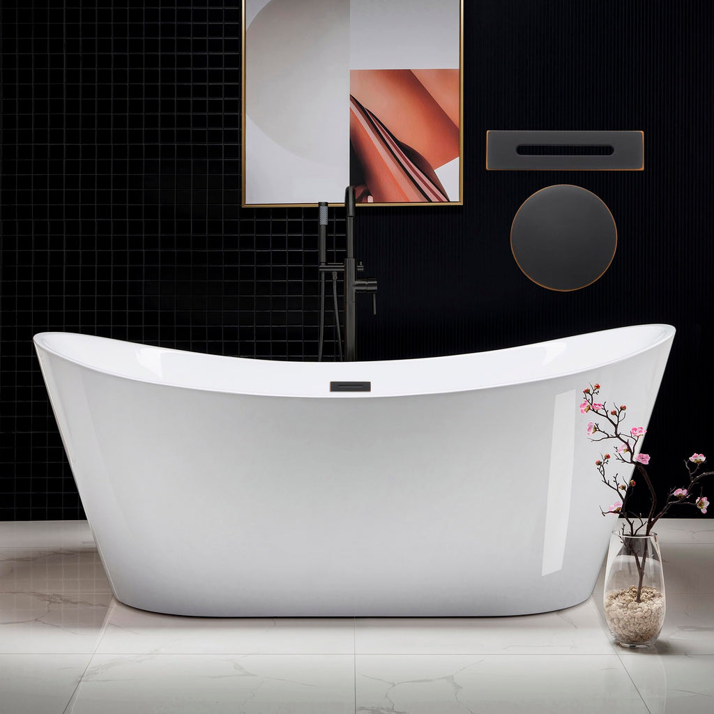 WOODBRIDGE 71"Freestanding White Acylic Soaking Bathtub with Brushed Nickel Drain and Overflow,B0017-BN
