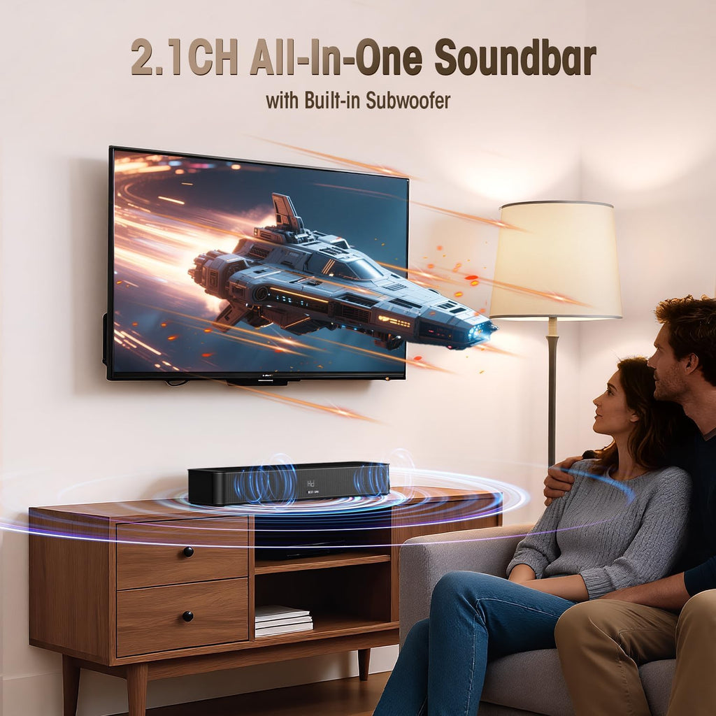 BESTISAN 2.1ch Sound Bar with Built-in Subwoofer, 120W Peak Power, HDMI ARC/Opt/AUX/USB/Bluetooth 5.3, 3 EQ Modes & Volume Boost, 16.5" All-in-One for TV/PC/Gaming/Projector
