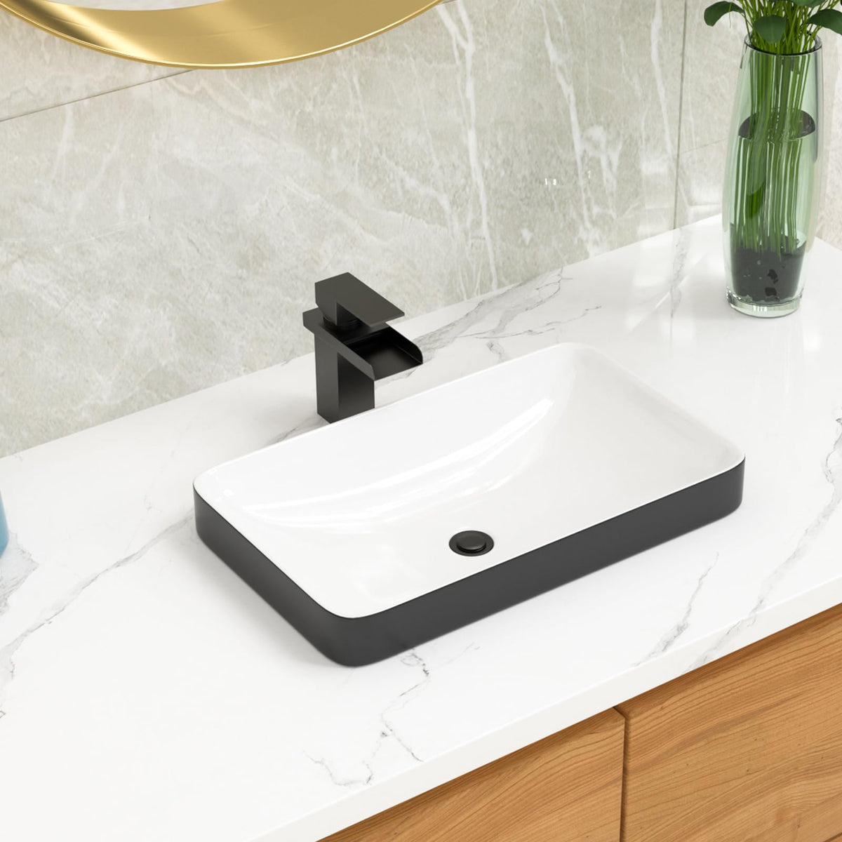 Bathroom Vessel Sink 19"x15" Rectangle Sink Above Counter White Porcelain Ceramic Modern Vanity Sink Art Basin with Faucet Hole