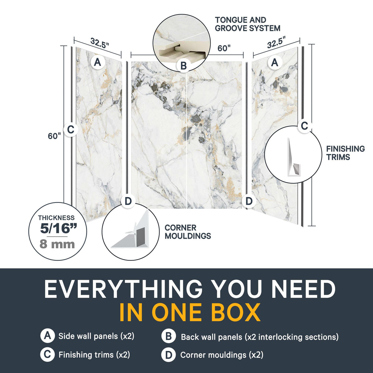 Bathtub Surround Kits - Waterproof Wall Panels - 60''32"60'' - Basalt