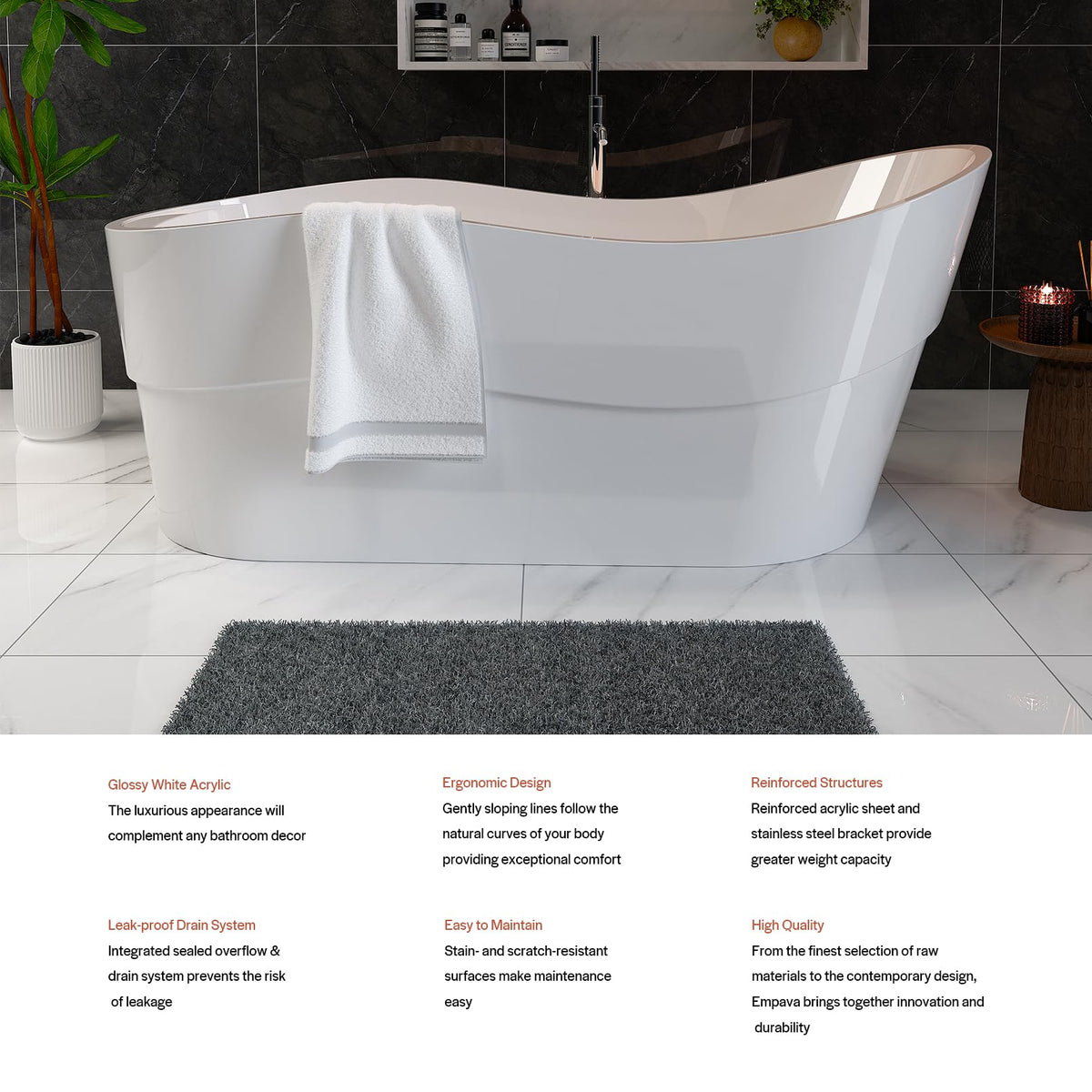 Empava Freestanding Bathtub, Acrylic Soaking Tub