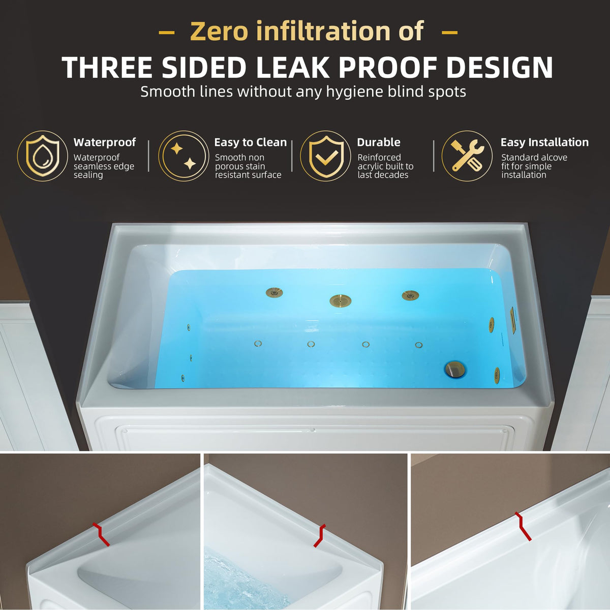 WOODBRIDGE 60" x 32" Alcove Acrylic Rectangular Whirlpool and Air Heated Tub in White with right Drain, Matte Black Finish Trim and Drain Kit Included, DF631-R-MB02
