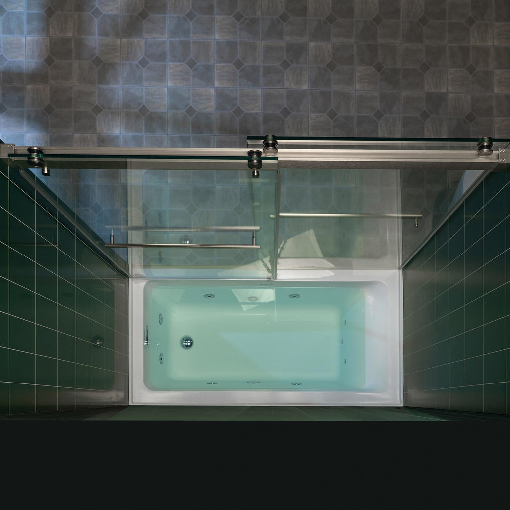 Woodbridge 56-60" W x 62" H Frameless Bathtub Shower Door,Double Sliding Soft-Close Doors,3/8(10mm) Tempered Glass with Explosion Proof Film in Brushed Bronze Finish