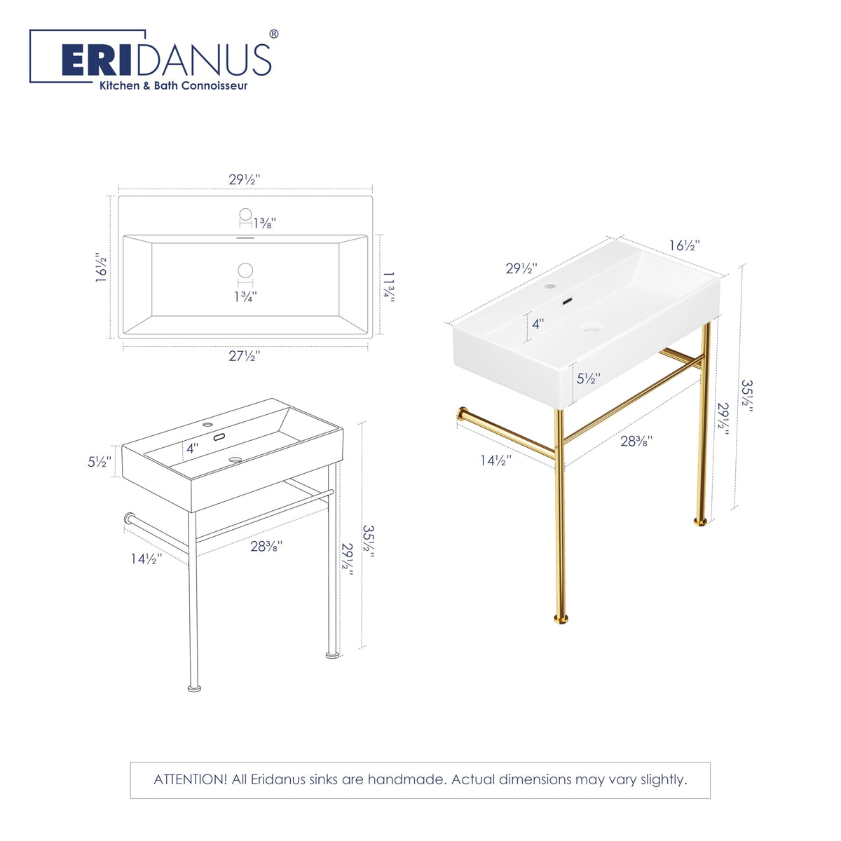 Eridanus 24"x16" Console Bathroom Sink, Free Standing 30 Inch Stainless Steel Support Pedestal Legs, Wall Mount White Vessel Ceramic Vanity Basin, Modern Rectangular Sinks Porcelain, Matte Black
