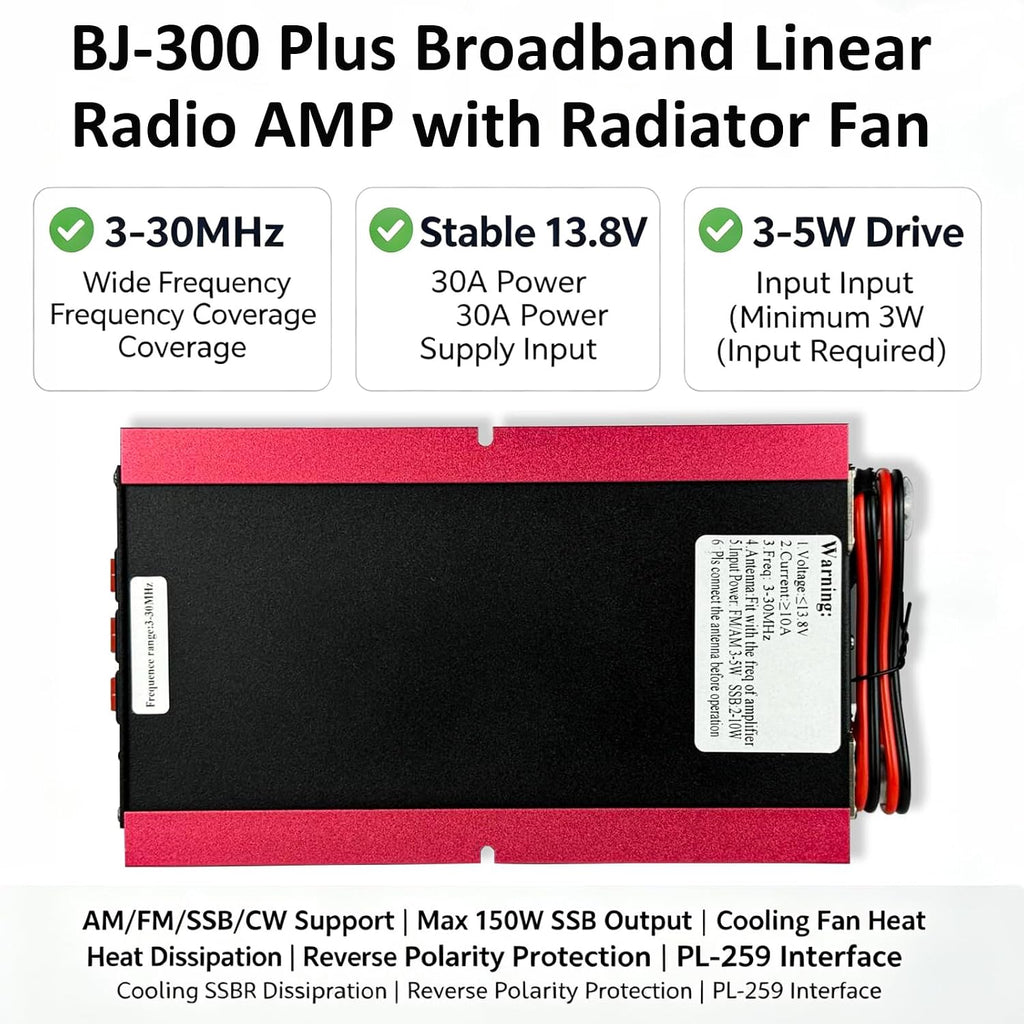 BJ-300 Plus Broadband Linear Radio AMP with Radiator Fan, 13.8V Input, Reverse Polarity Protection, AM/FM/SSB/CW Compatible, 100W FM/120W AM/150W SSB Output