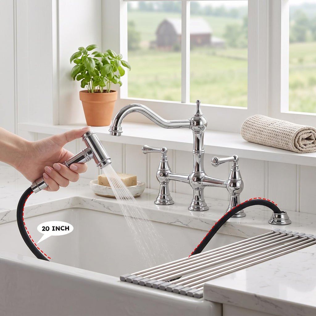 WOWOW Brass Bridge Kitchen Faucet 4 Hole with Side Sprayer, Brushed Gold