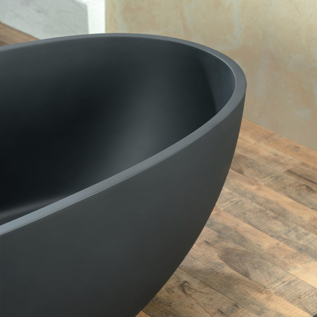 WOODBRIDGE 61" Stone Resin Freestanding Soaking Tub, Modern Oval Solid Surface Bathtub with Integrated Slotted Overflow & Drain, Matte White