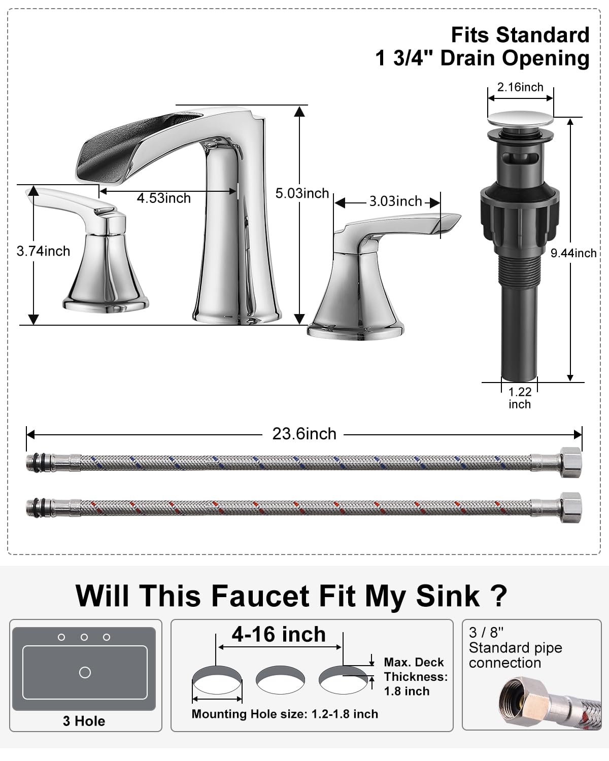 Fapully Brushed Nickel Bathroom Faucet 3 Hole, Waterfall 8 Inch Widespread Bathroom Sink Faucet with Pop-up Drain, Two-Handle Faucet for Bathroom Sink