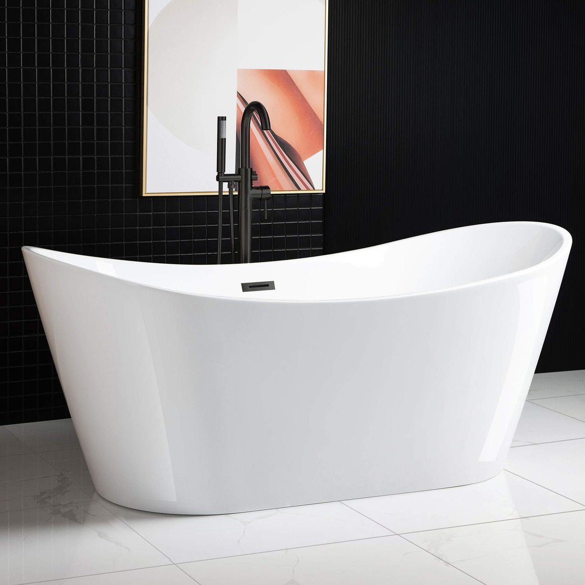 WOODBRIDGE 71"Freestanding White Acylic Soaking Bathtub with Brushed Nickel Drain and Overflow,B0017-BN