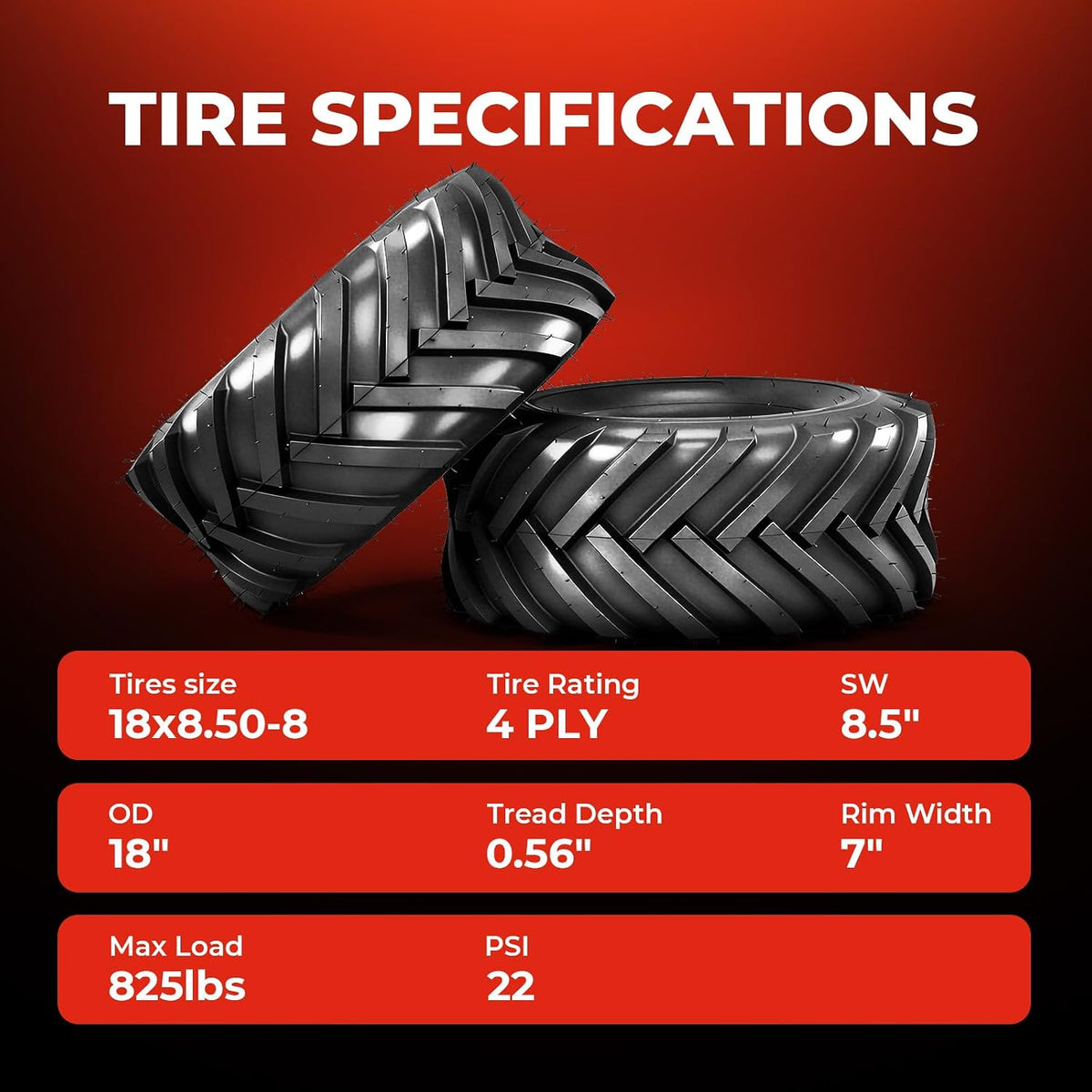 18x8.50-8 Lawn & Garden Mower Tires, Set of 2,4 Ply Tubeless
