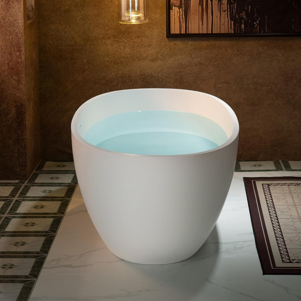 WOODBRIDGE 59" Stone Resin Freestanding Soaking Tub, Modern Oval Solid Surface Bathtub with Integrated Slotted Overflow & Drain, Matte White, B0055