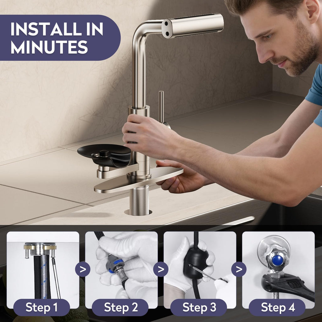 HOWUWEY Black Kitchen Faucet with Pull Down Sprayer & Cup Washer